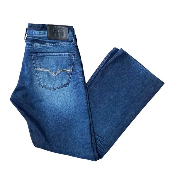 Guess Falcon Slim Boot Jeans Mens 31x30 Dark Wash Low Rise Stretch Blue - Picture 1 of 9